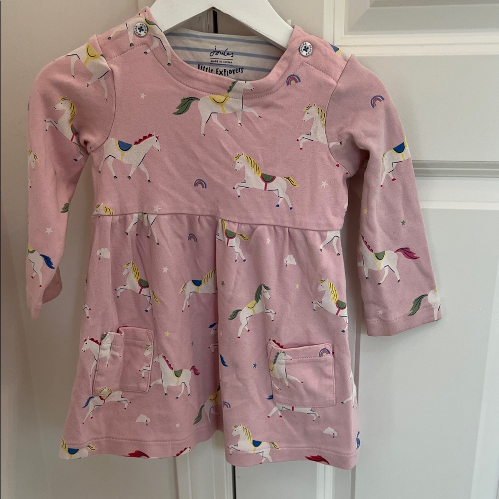 Joules Pink Unicorn Patterned Dress long sleeve 18-24 months
